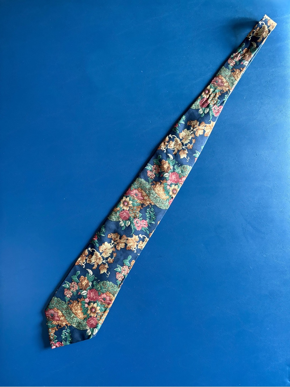 Valentino Navy Silk Tie with Pink, Green and Gold Floral Motif